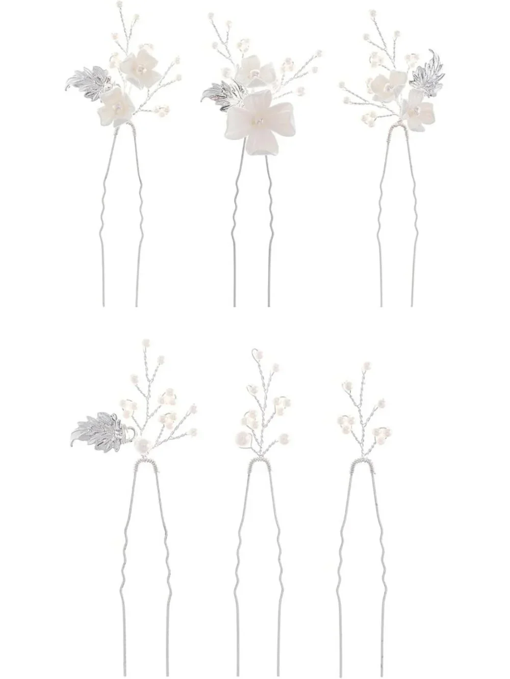 Elegant Handmade Pearl Wedding Hair Pins - 6 White Flower Gold Leaf Clips for